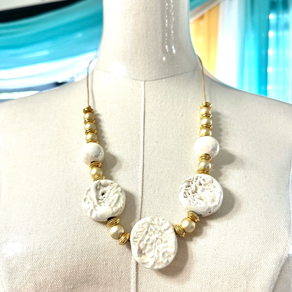 White & Gold Beaded Beads Stone Mermaid Sea Life Shells Necklace
